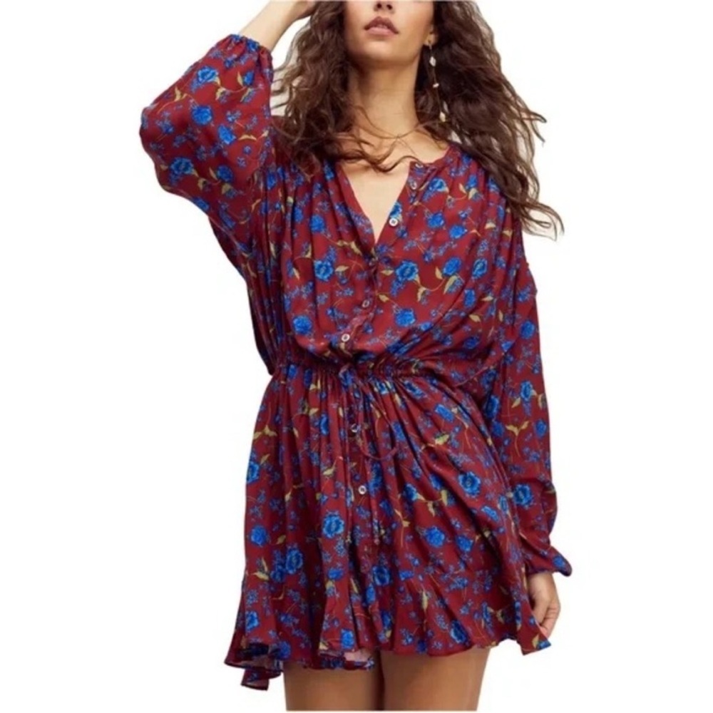 Free People Red and Blue Floral Long Sleeve Dress tunic  XL